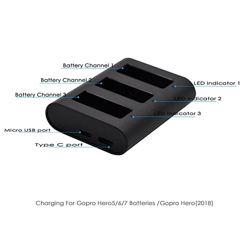 Station for GoPro Rechargeable Battery Charger 3Channel Charger GoPro Hero8Hero7BlackHero6Hero5 BlackHero2018with Type C USB Cable