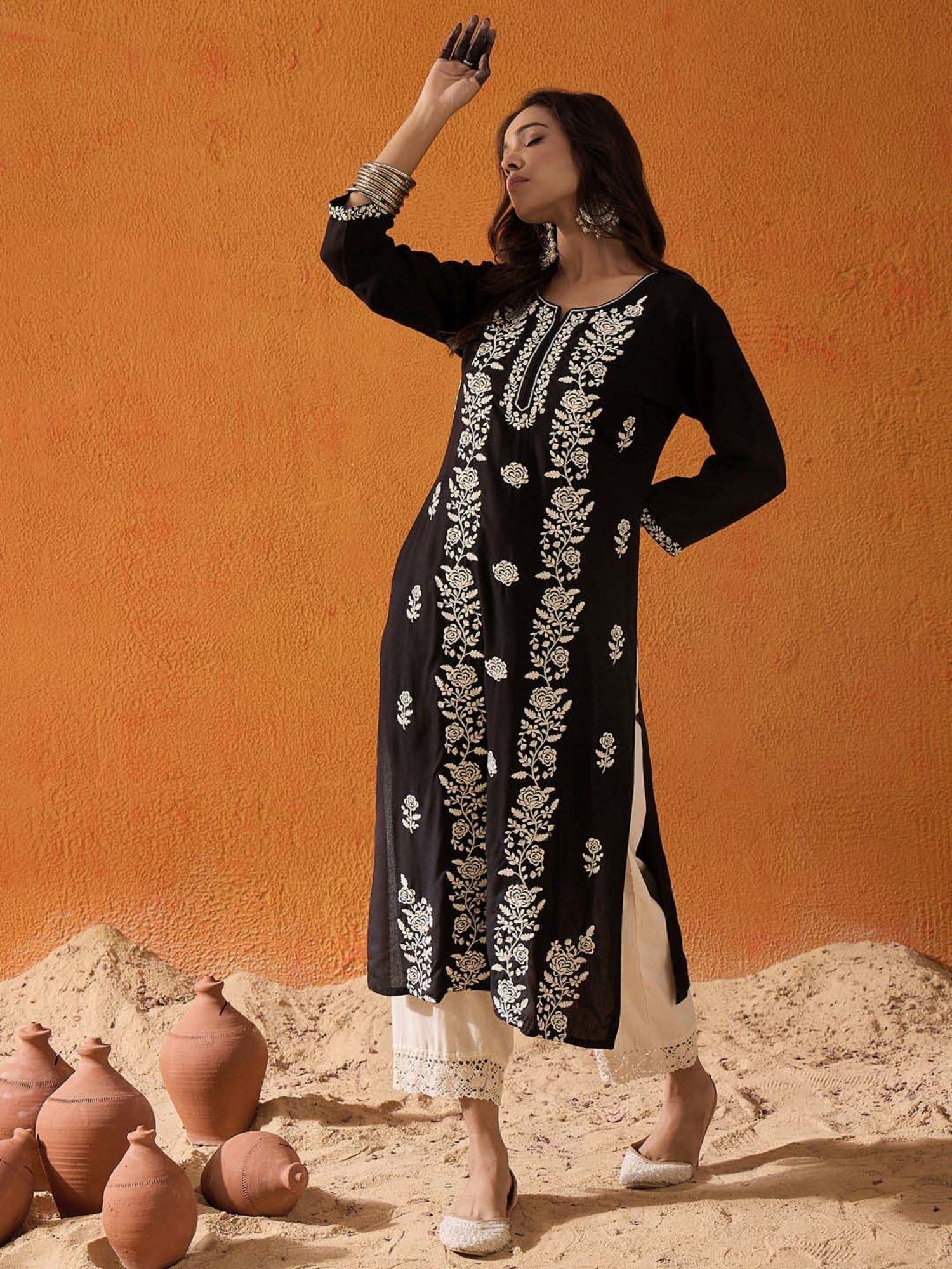 Indo Era Black Embroidered Straight Kurta