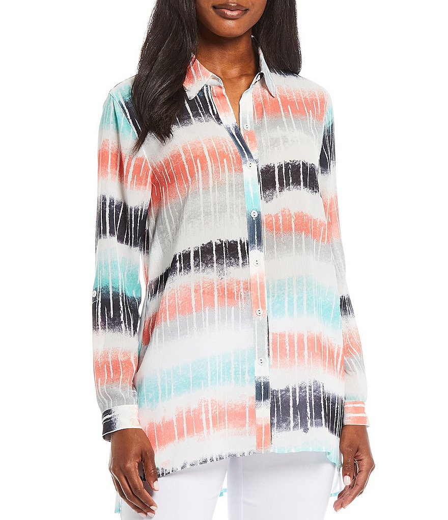 Multiples Ombre Stripe Crinkle Woven Roll-Tab Sleeve Hi-Low Button Down Shirt