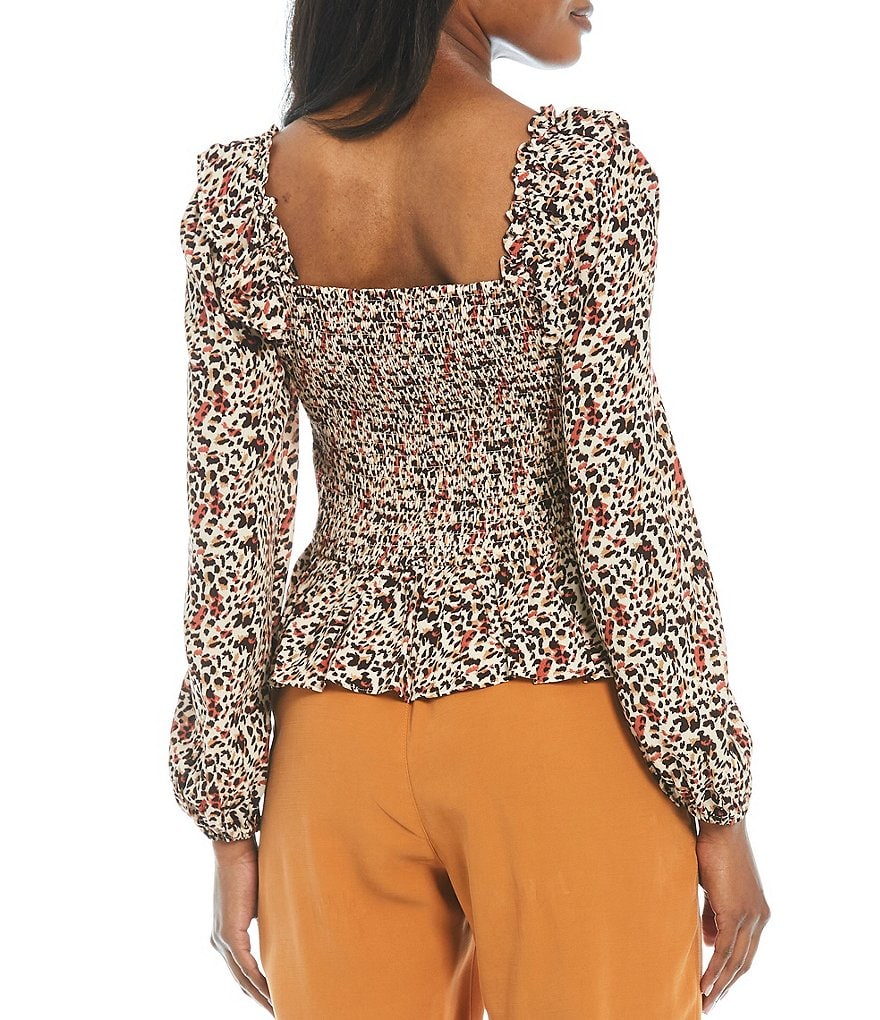 Gibson & Latimer Square Neck Long Sleeve Smocked Peplum Print Top