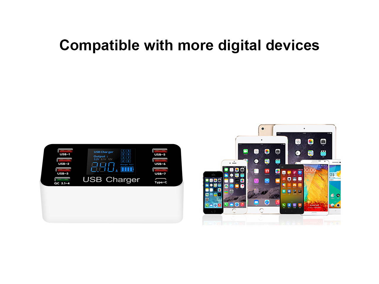 Multi USB 8-Port Smart Fast Desktop Hub Wall Charger Charging Station Quick Charge 3.0 USB Type C Port With LED Display Compatible with Apple Samsung Android Smart Phone, Tablet, Nintendo Switch Games