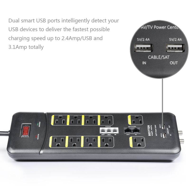 BESTTEN 10 Outlet All-In-One Surge Protector Power Strip with 2 USB Charging Ports (3.1A Total) and Phone/Ethernet/Coaxial Protection, 9-Foot Ultra Long Extension Cord, 3800 Joules, ETL Listed, Black