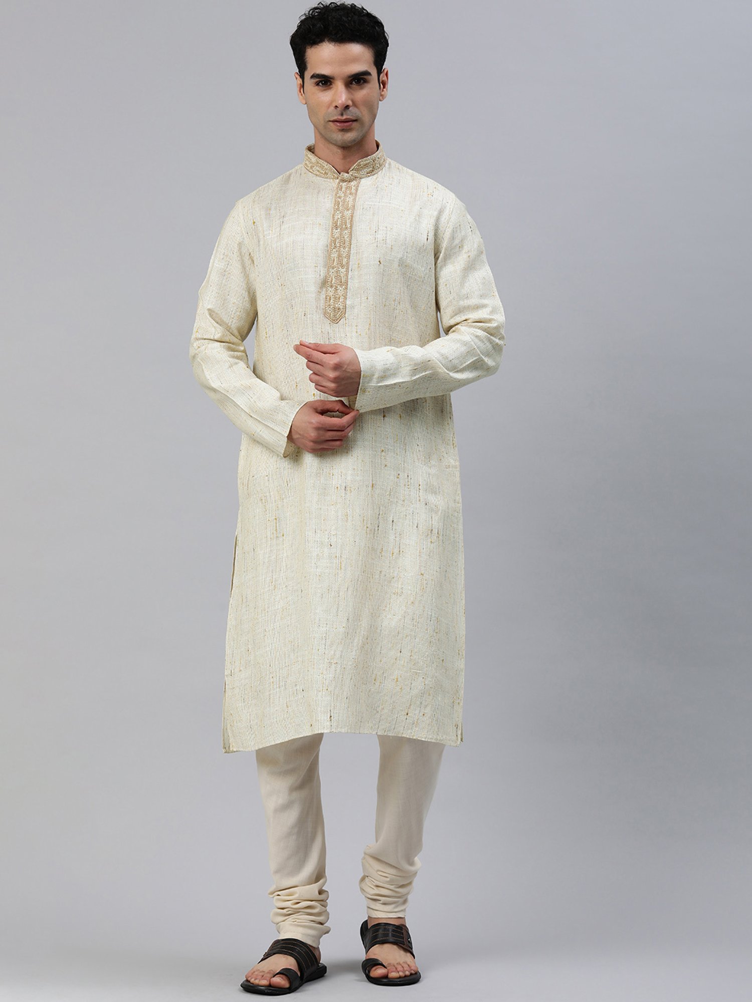 Manthan Cream Regular Fit Self Design Kurta