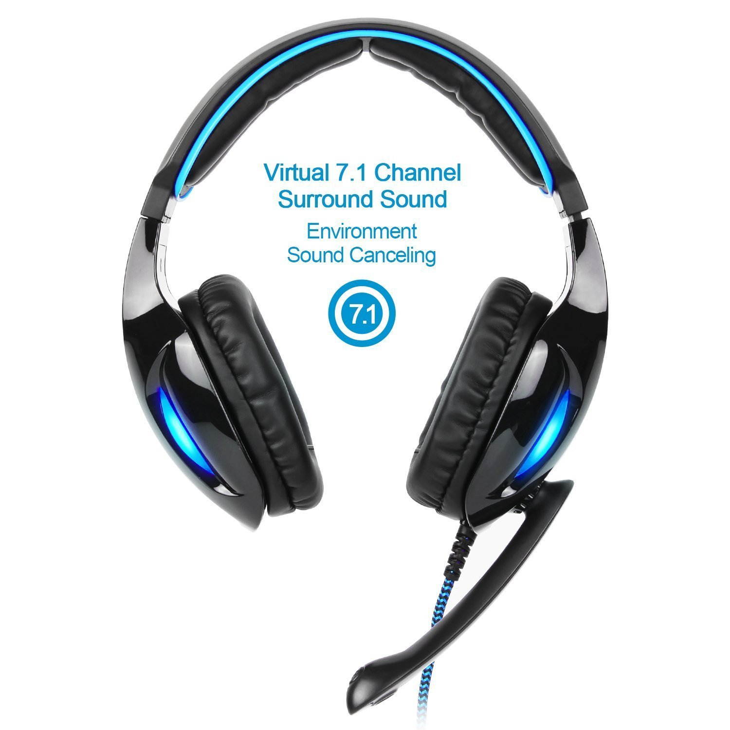 SADES 2017 New SA902 USB Headset 7.1 Surround Stereo Wired PC Gaming Headset Over Ear Mac Gaming Headphones with Microphone Revolution Volume Control Noise Canceling LED Light (Black/Blue)