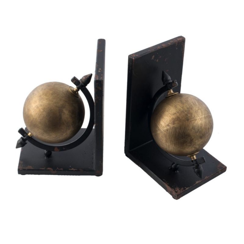 Set of 2 Gold and Black Sphere Iron Bookends 8"