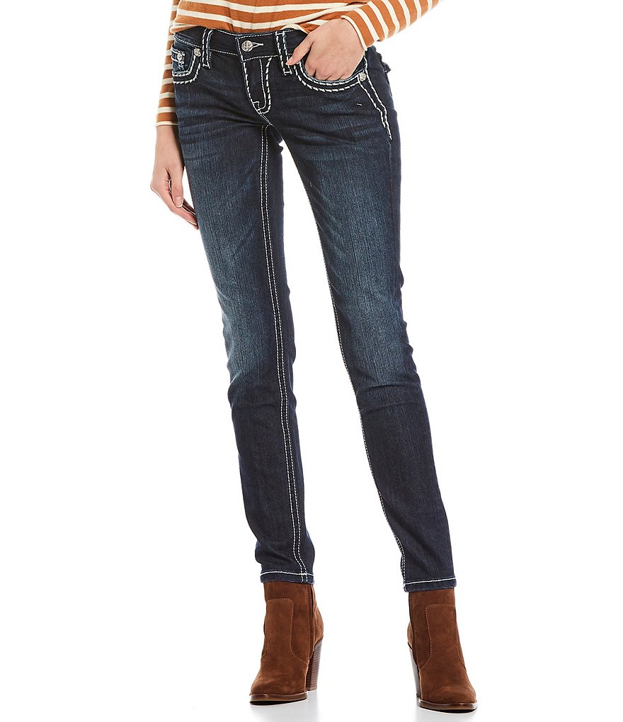 Miss Me Loose Saddle Border Stitch Flap Pocket Mid Rise Skinny Jeans