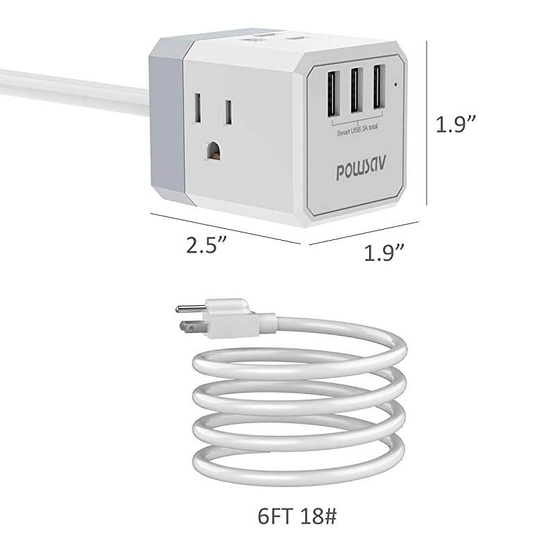 Power Strip,  Extension Cord with 3 USB Ports(Smart 3.0A Total) and 3-Outlet Extender, 5 Feet Cord, Compact Size for Cruise Ship, Home, Office,Dorm Essentials, ETL Listed