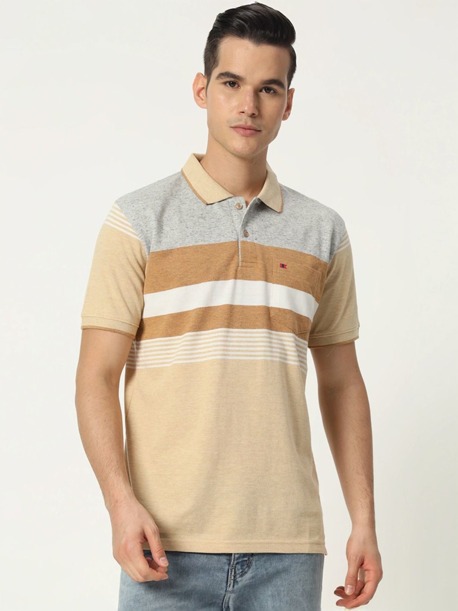 Tab91 Beige Regular Fit Striped Polo T-Shirts
