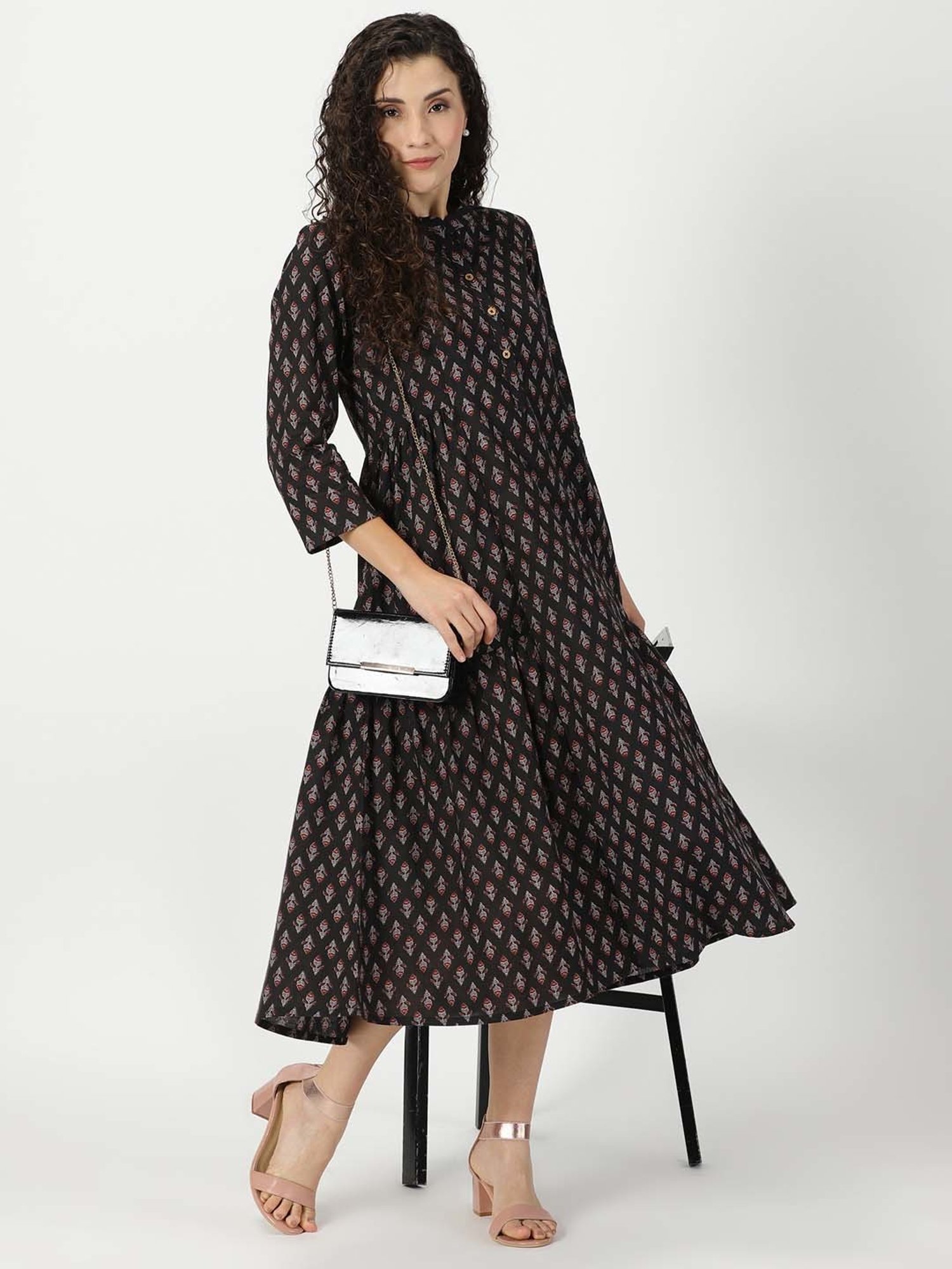 Saffron Threads Black Printed Ethnic Dresses