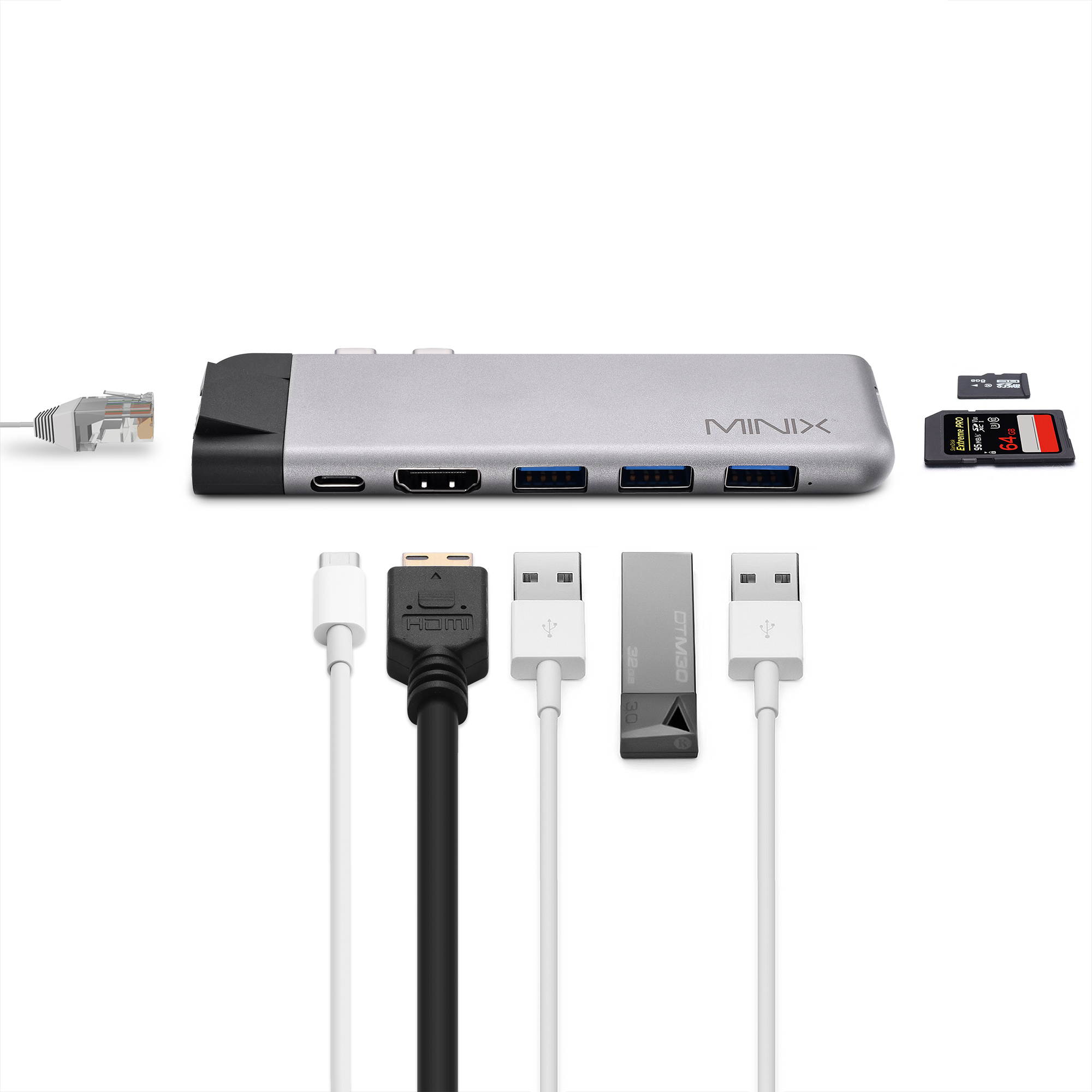 MINIX NEO C-D Pro &nbsp;Aluminum USB C multiport Adapter for Apple Macbook and Macbook Pro USB 3.0 Ports*3, 4K HDMI Ports, Gigabit Ethernet LAN,SD/micro SD Card Reader,USB-C Charging  Gray/Silver