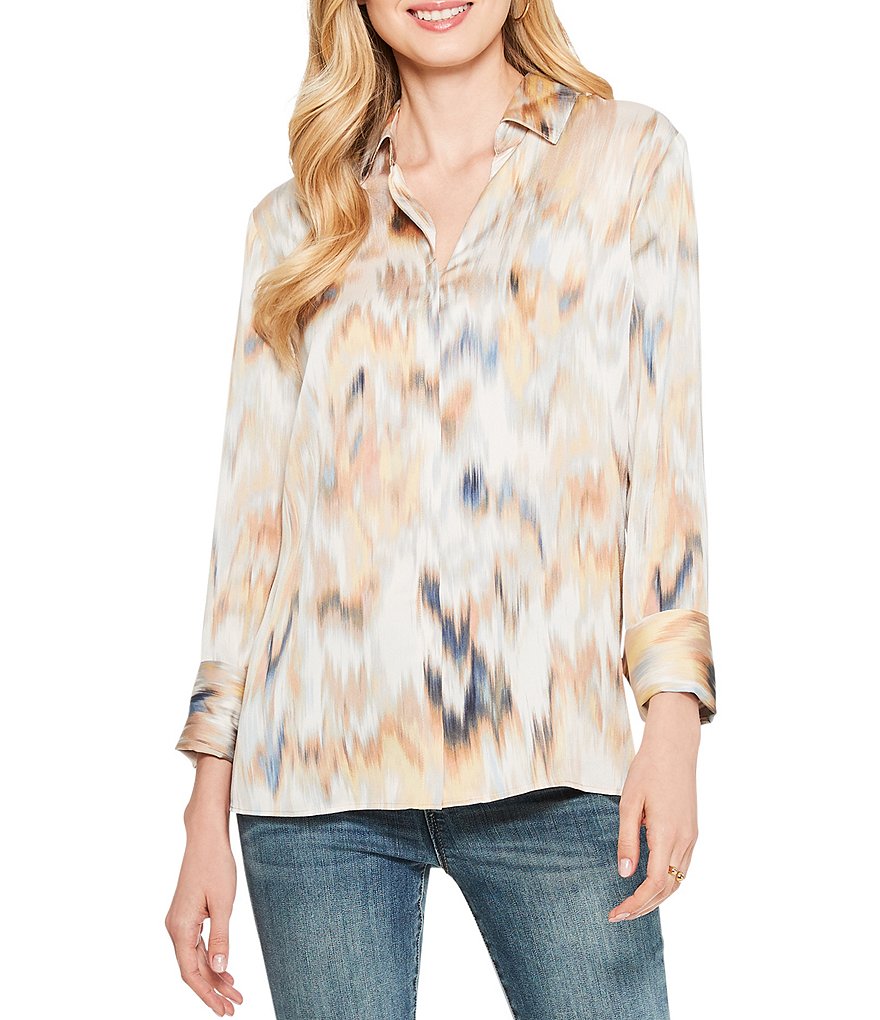 NIC + ZOE Long Sleeve Collared V-Neck Dreamy Tie-Dye Ikat Print Blouse