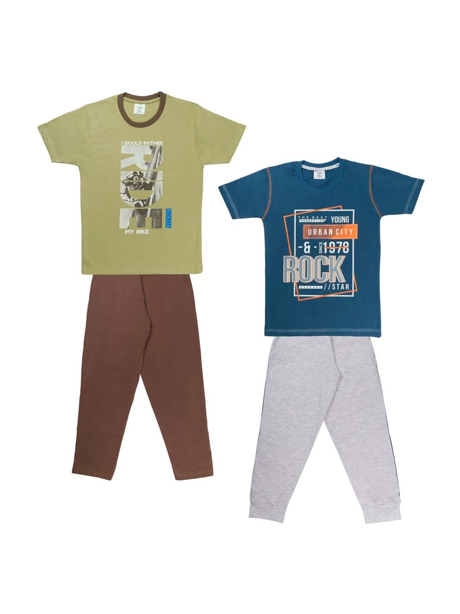 Todd N Teen Kids Olive Green & Blue Cotton Printed T-Shirt & Pants - Pack of 2