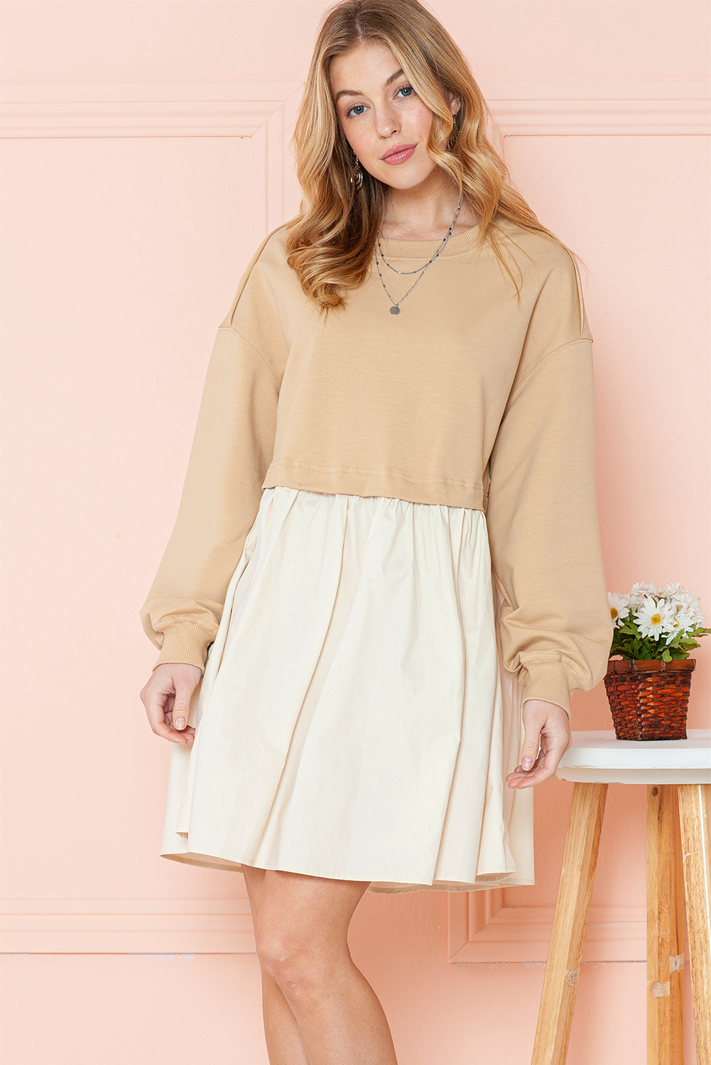 Khaki Sweatshirt Colorblock Flowy Pleated Mini Dress