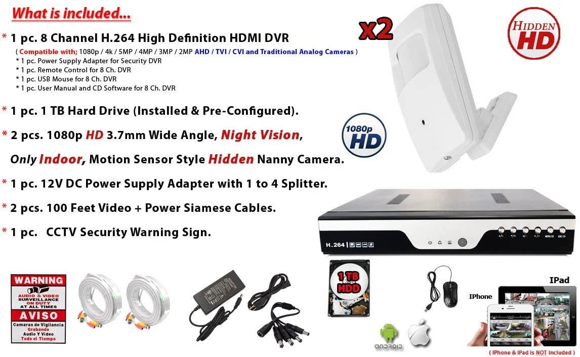 Evertech 8 Channel h264 HD Security Digital Video Recorder w/ 1TB Hard Drive and Motion Sensor Style Covert Cameras