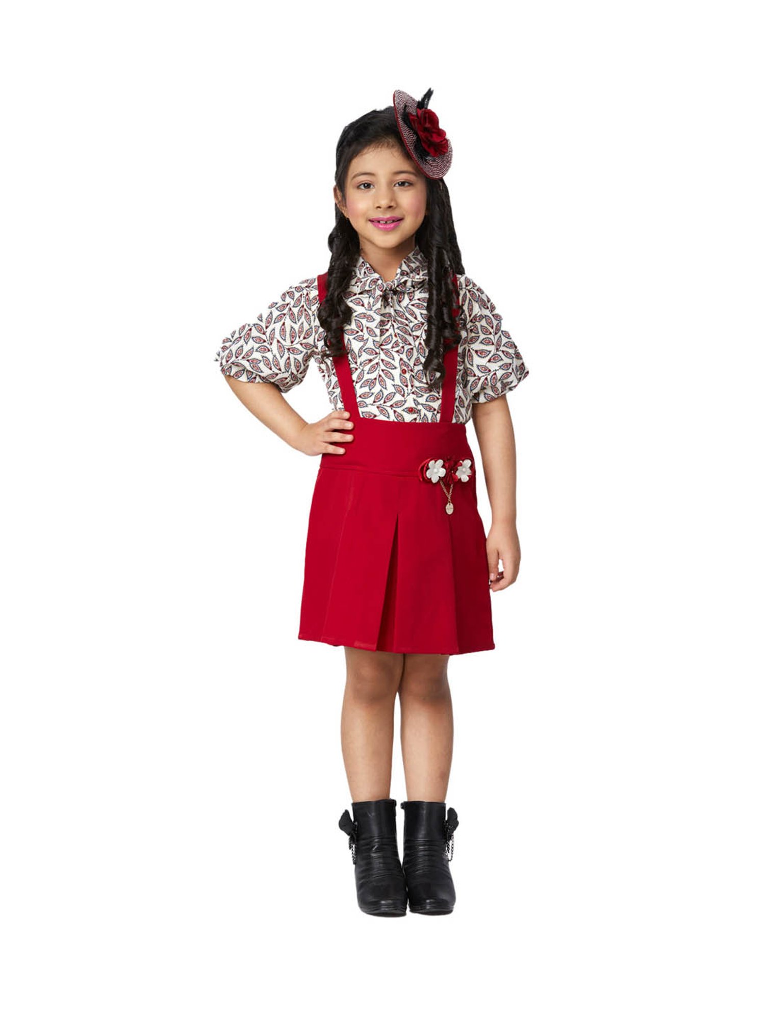 Peppermint Kids Maroon & White Printed Top with Dungaree