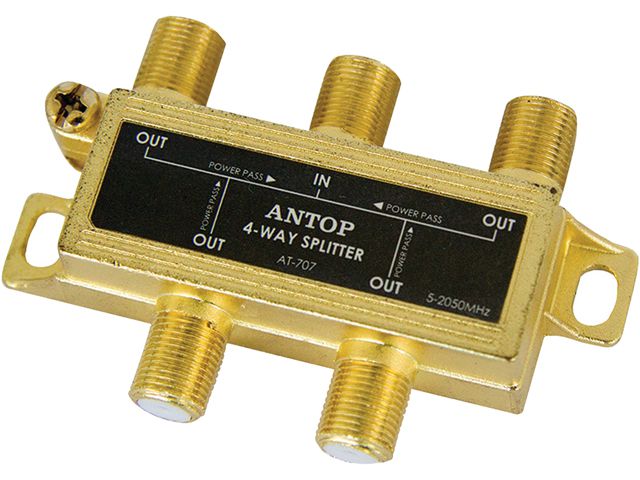 ANTOP Coaxial Splitter 4 Way 2GHz- 5-2050MHz - Low-loss RF Splitter for TV and Satellite - 18K Gold-plated chassis - All Port DC Power Passing