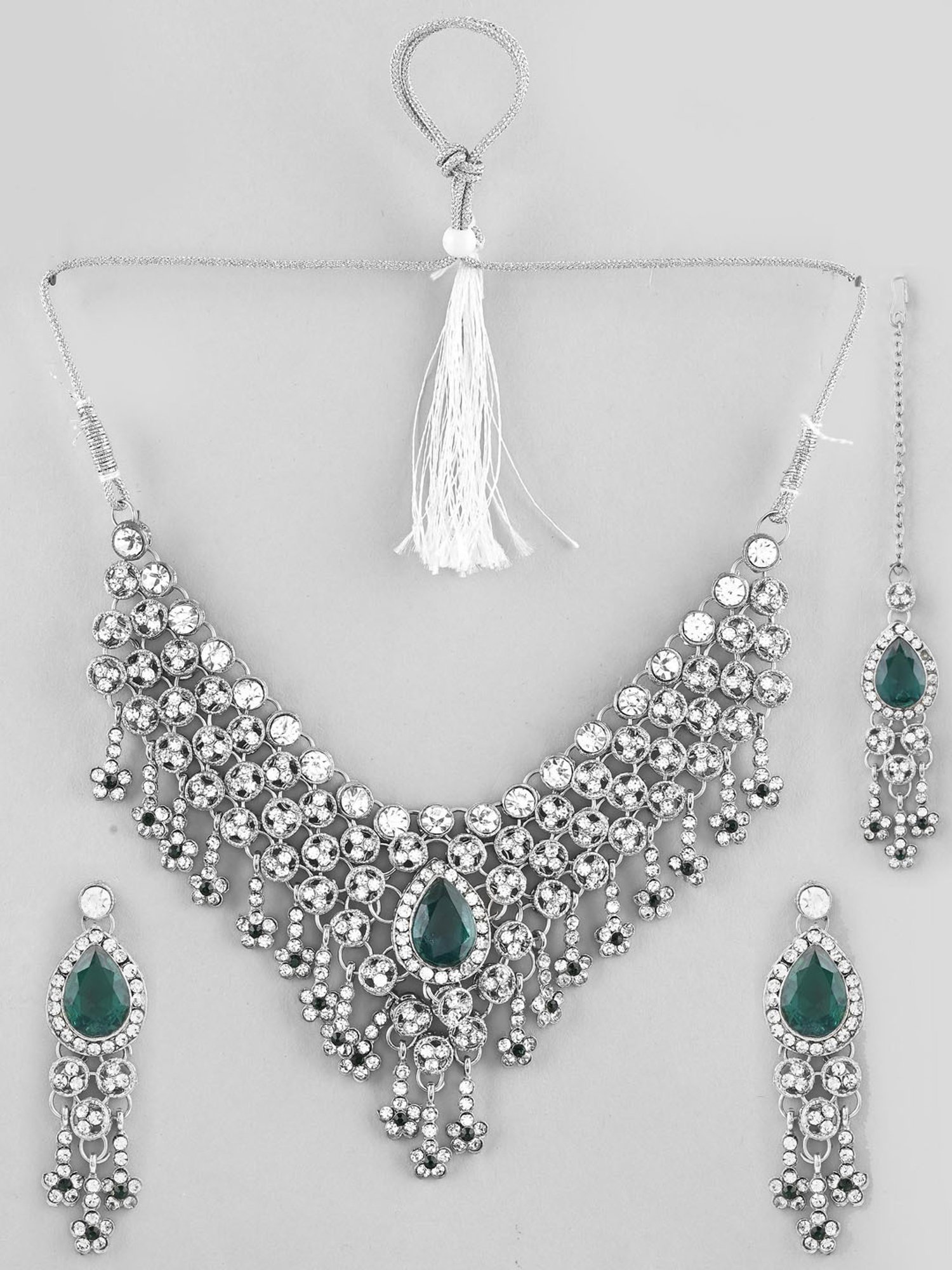 VOJ Silver Plated Cz-Stone Studded with Green Stone Choker Set with Mangtikka for Women