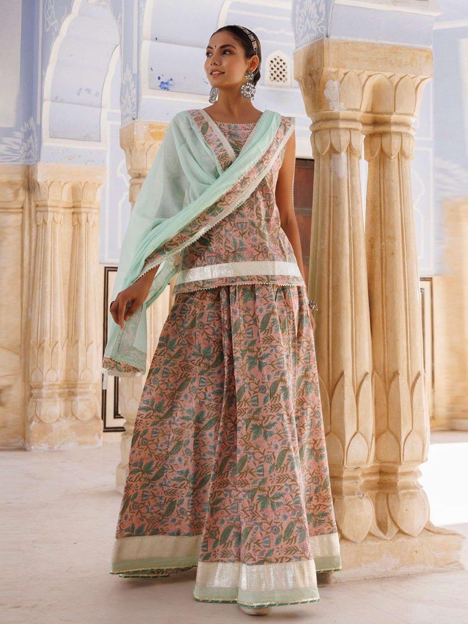 Geroo Jaipur Peach-Green Pure Cotton Hand Block Printed Skirt Set
