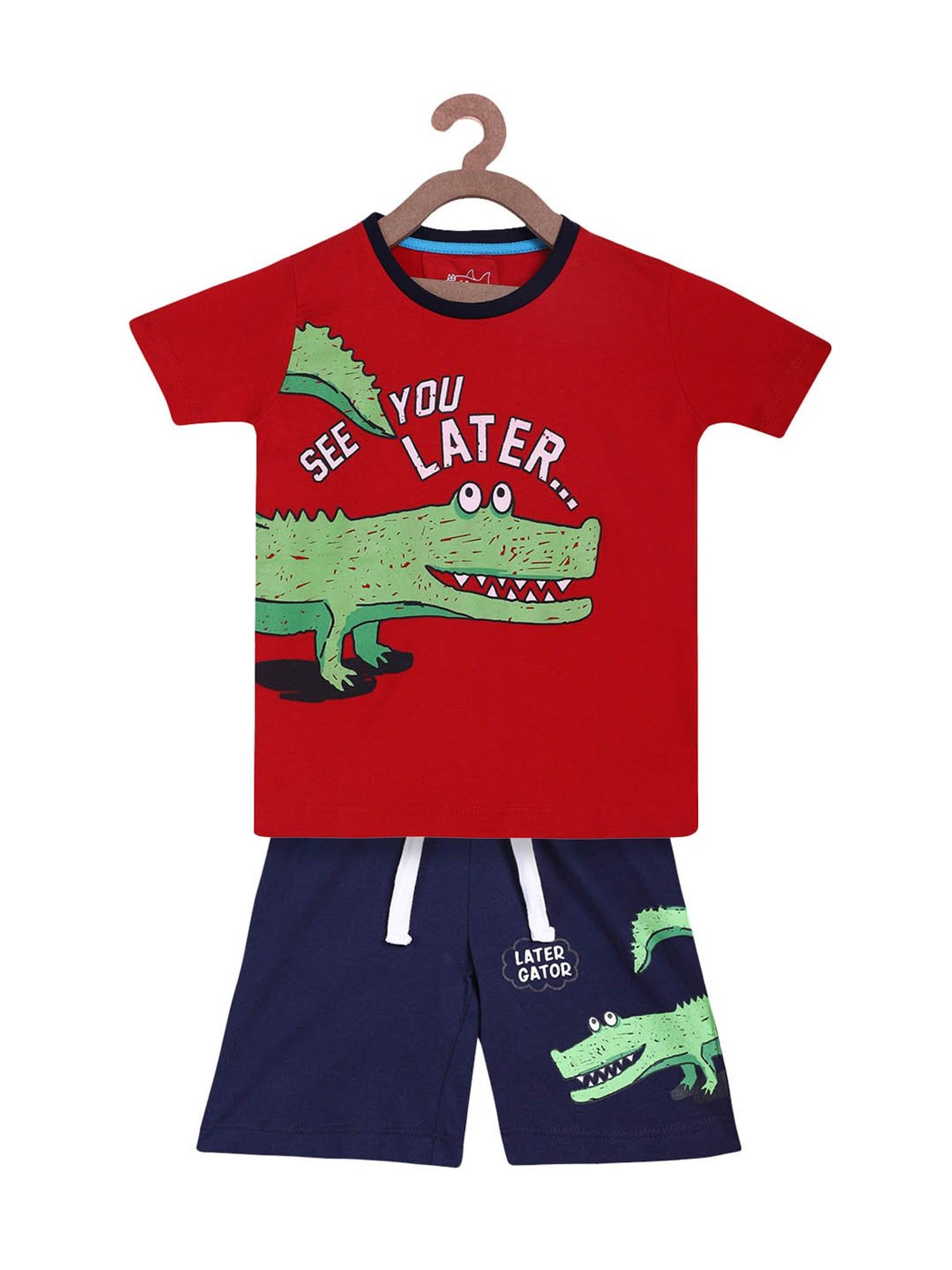 Lazy Shark Kids Red & Navy Printed  T-Shirt with  Shorts