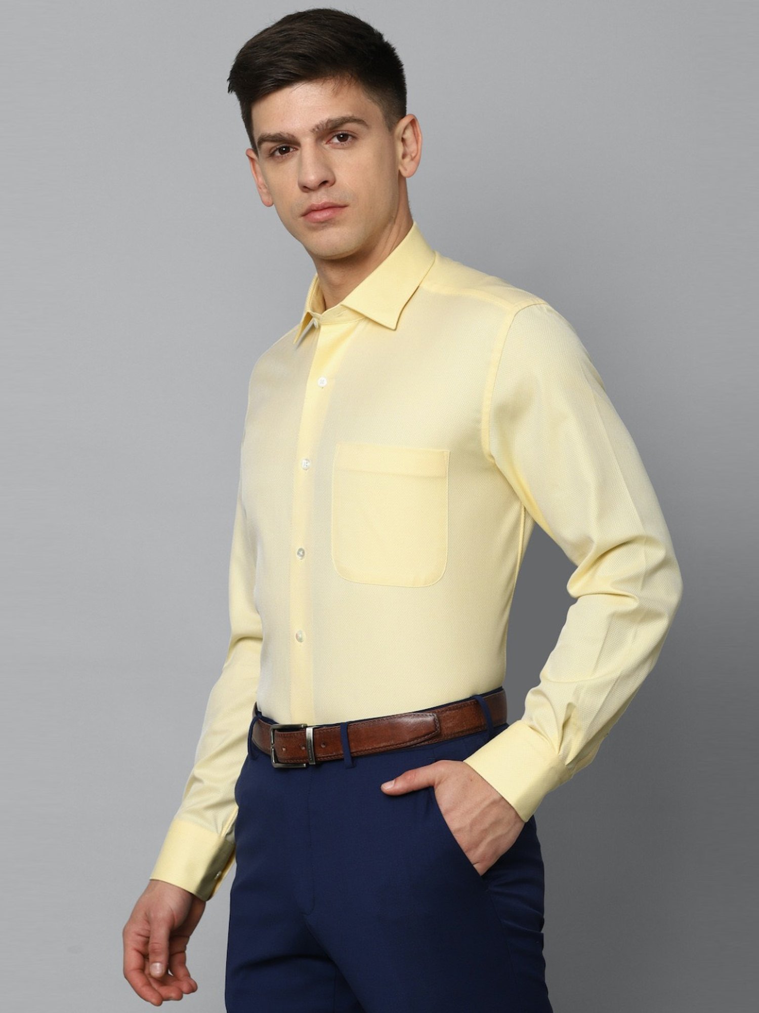 Luxure By Louis Philippe Yellow Cotton Regular Fit Self Pattern Shirt