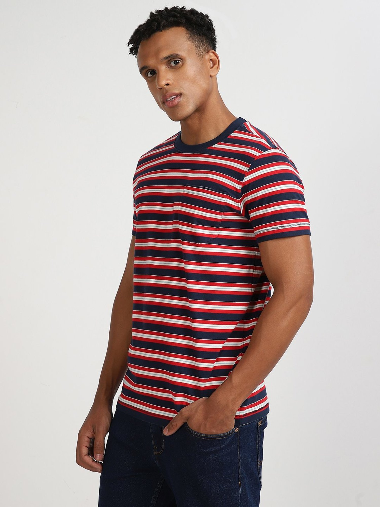 Lee Navy & Red Cotton Regular Fit Striped T-Shirt