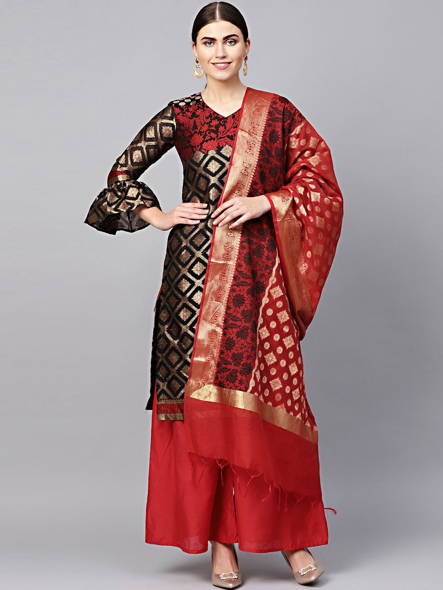 Chhabra 555 Black & Red Woven Pattern Unstitched Dress Material With Dupatta