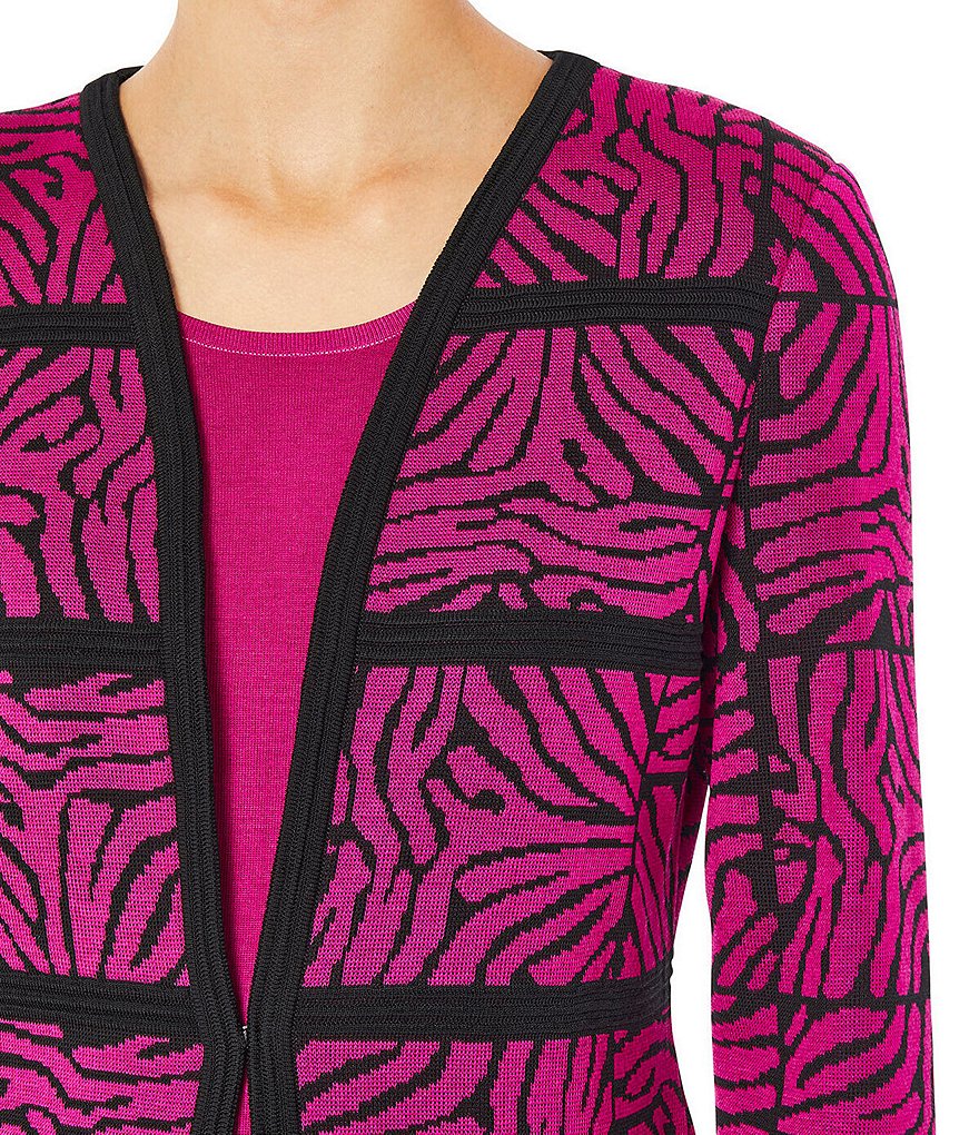 Ming Wang Contrast Trim Long Sleeve Animal Print Knit Jacket