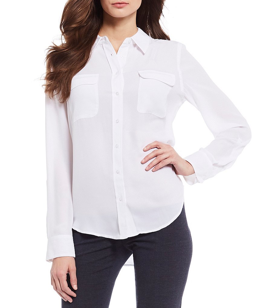 Investments Olivia Machine Washable Point Collar Neck Long Sleeve Button-Front Roll-Tab Utility Blouse