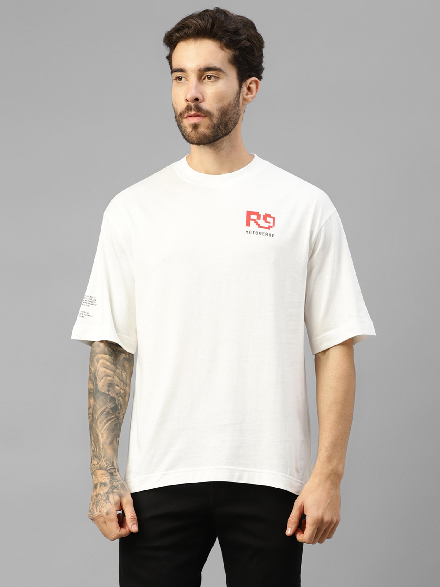 Royal Enfield Moto Emoji White Regular Fit Printed Oversized Crew T-Shirt