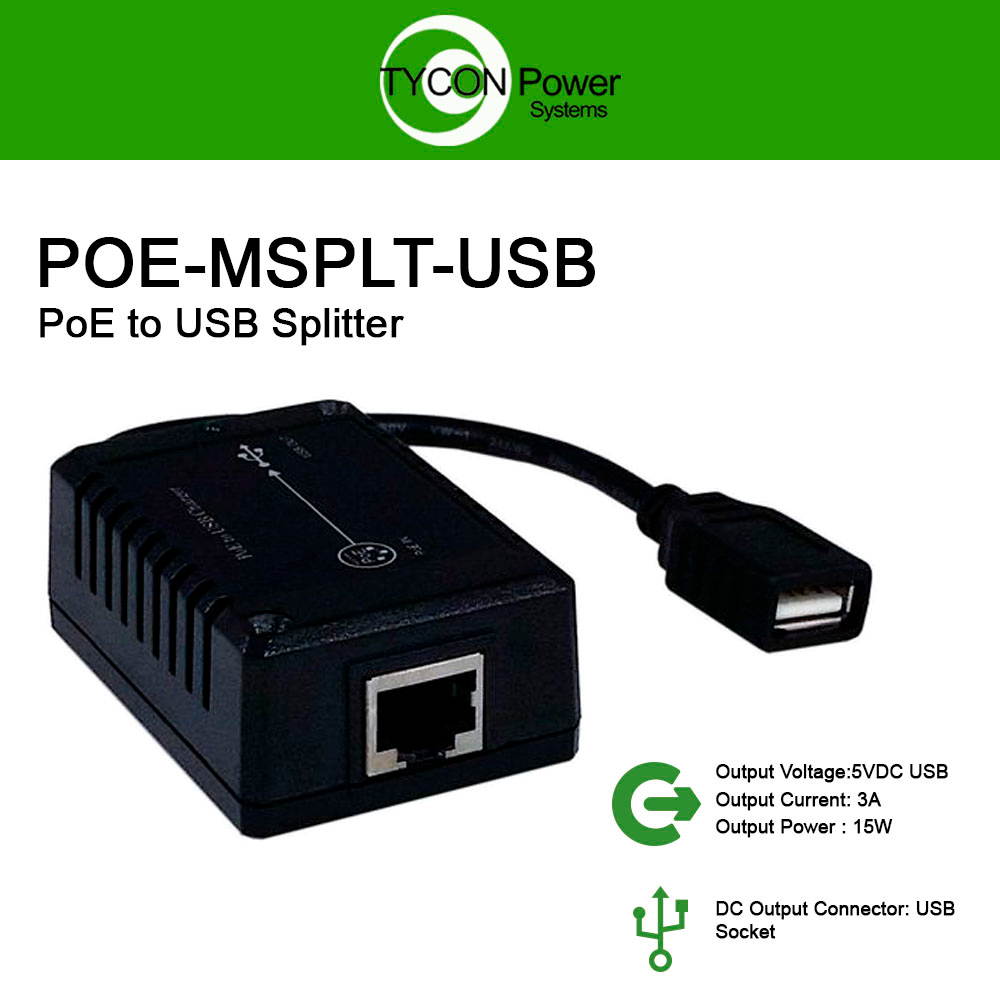 Tycon (POE-MSPLT-USB) Mini Splitter 802.3af/at or passive48 POE In, USB 15W Out