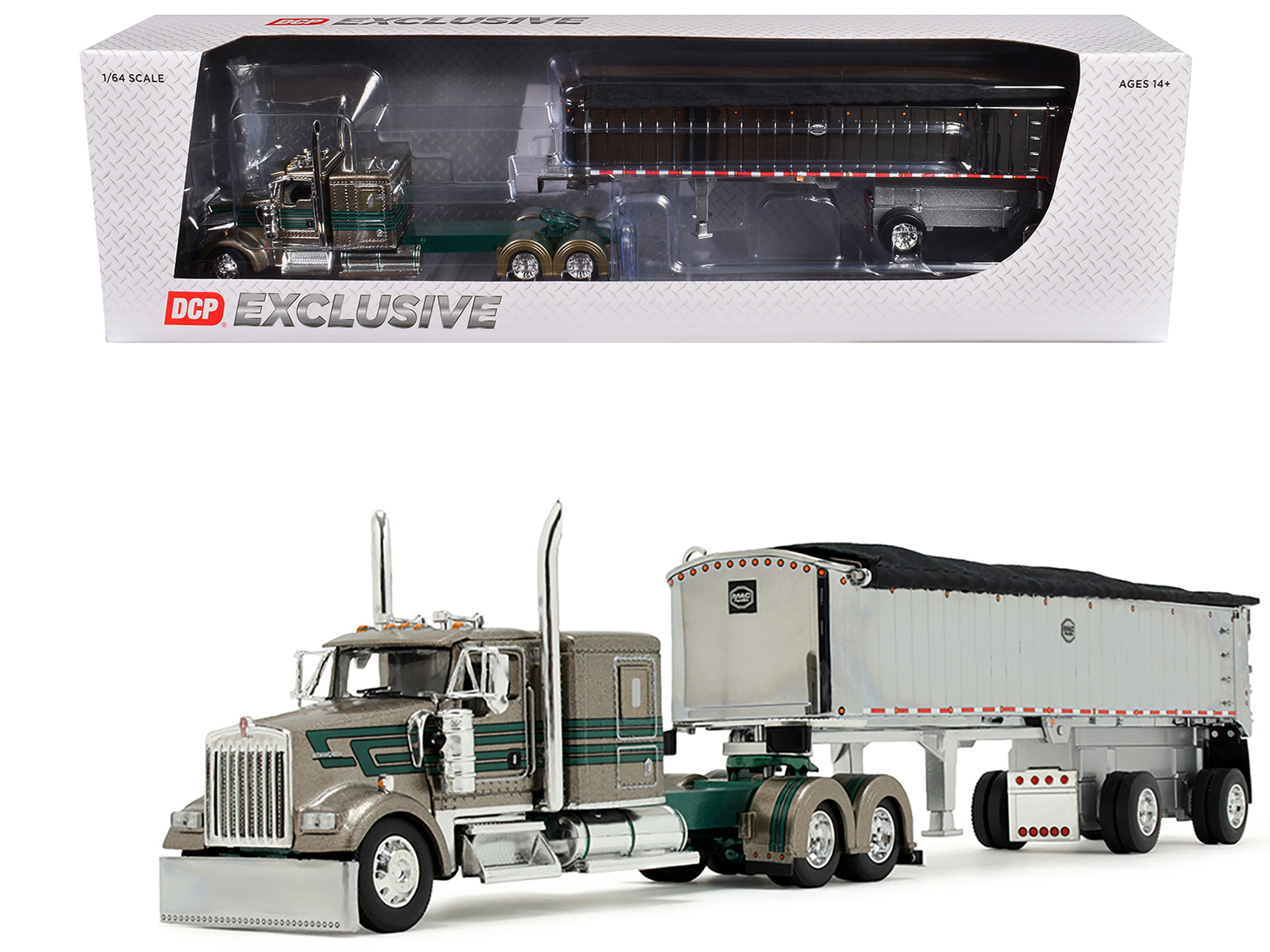 Kenworth W900L with 60" Flat Top Sleeper and MAC Coal End Dump Trailer "D&D Hauling & Excavating" Tan Metallic with Green Stripes 1/64 Diecast Model by DCP/First Gear