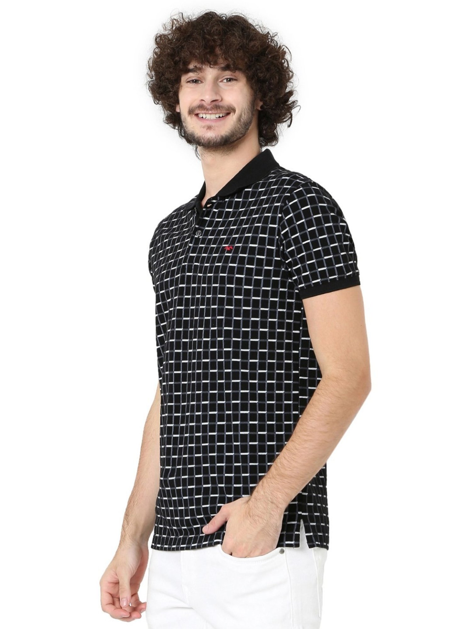 Mufti Black Cotton Slim Fit Checks Polo T-Shirt