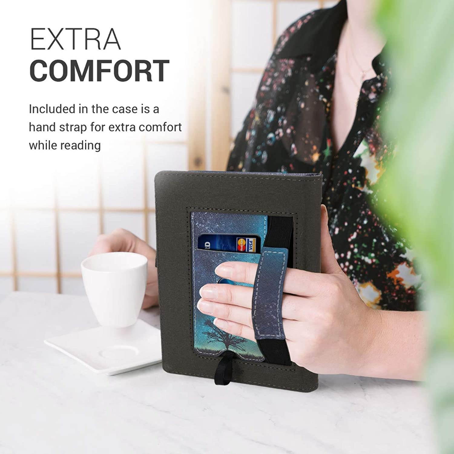kwmobile Case Compatible with Kobo Aura H2O Edition 2 - PU Leather Cover with Magnet Closure, Stand, Strap, Card Slot - Cosmic Nature Blue/Grey/Black