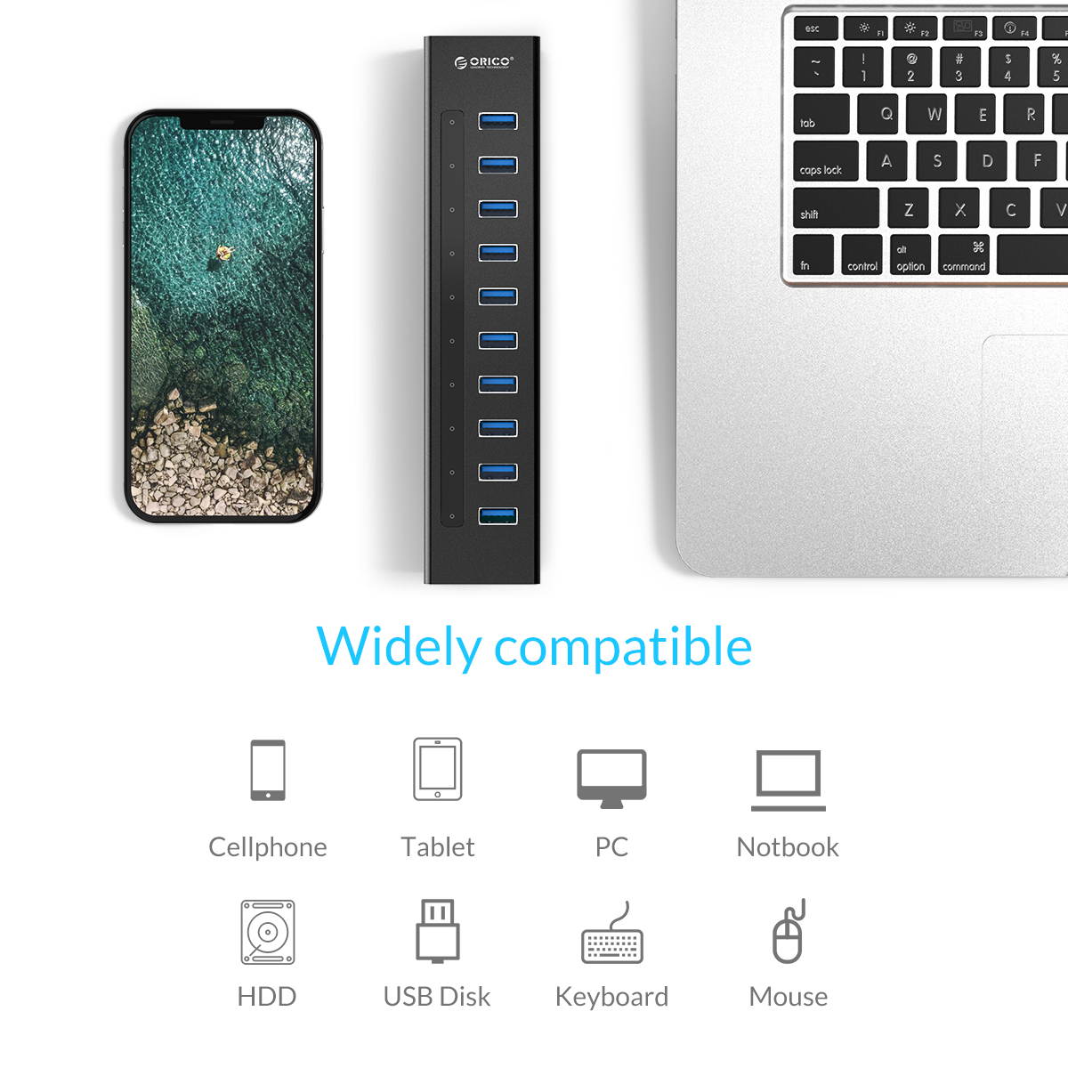 ORICO Aluminum 10Ports USB 3.0 HUB with 3.3Ft. USB 3.0 Data Cable and 12V/3A Power Supply for Macbook,PC,Laptops (HUB is not a Charger,Data transfer Only)- Silver (A3H10-V1-US)