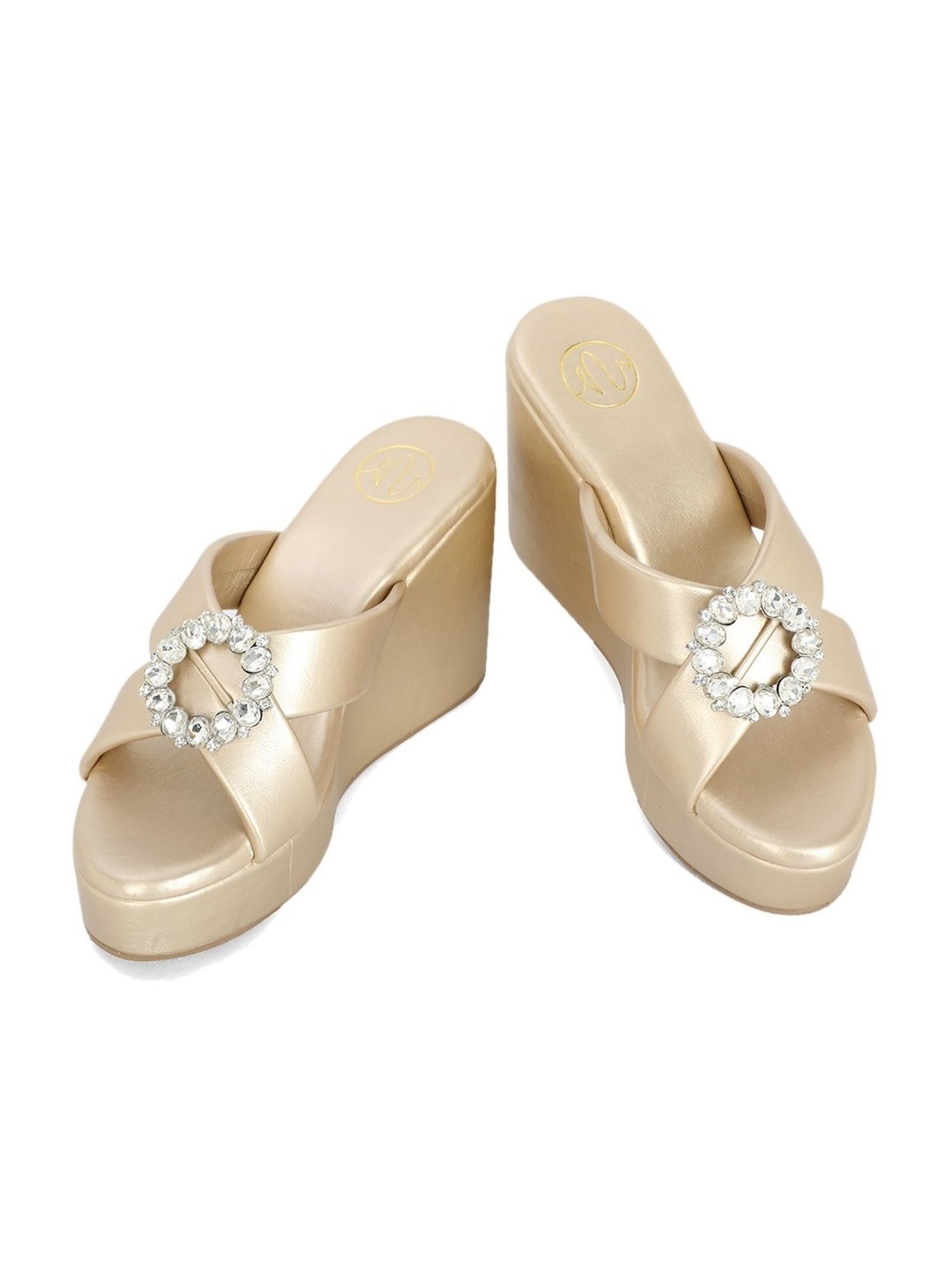 NR by Nidhi Rathi Women's Golden Cross Strap Wedges