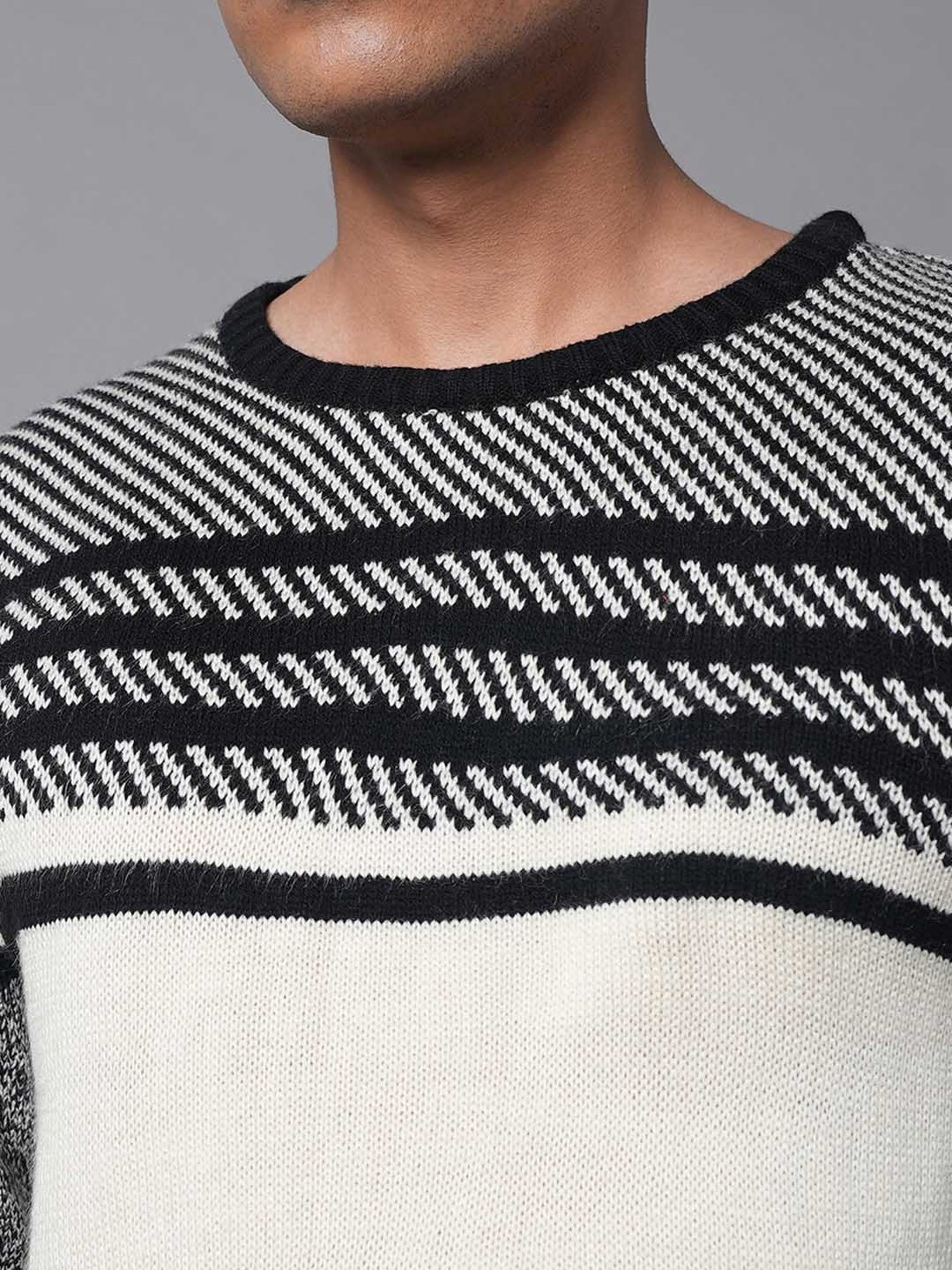 High Star Black & White Regular Fit Striped Sweater