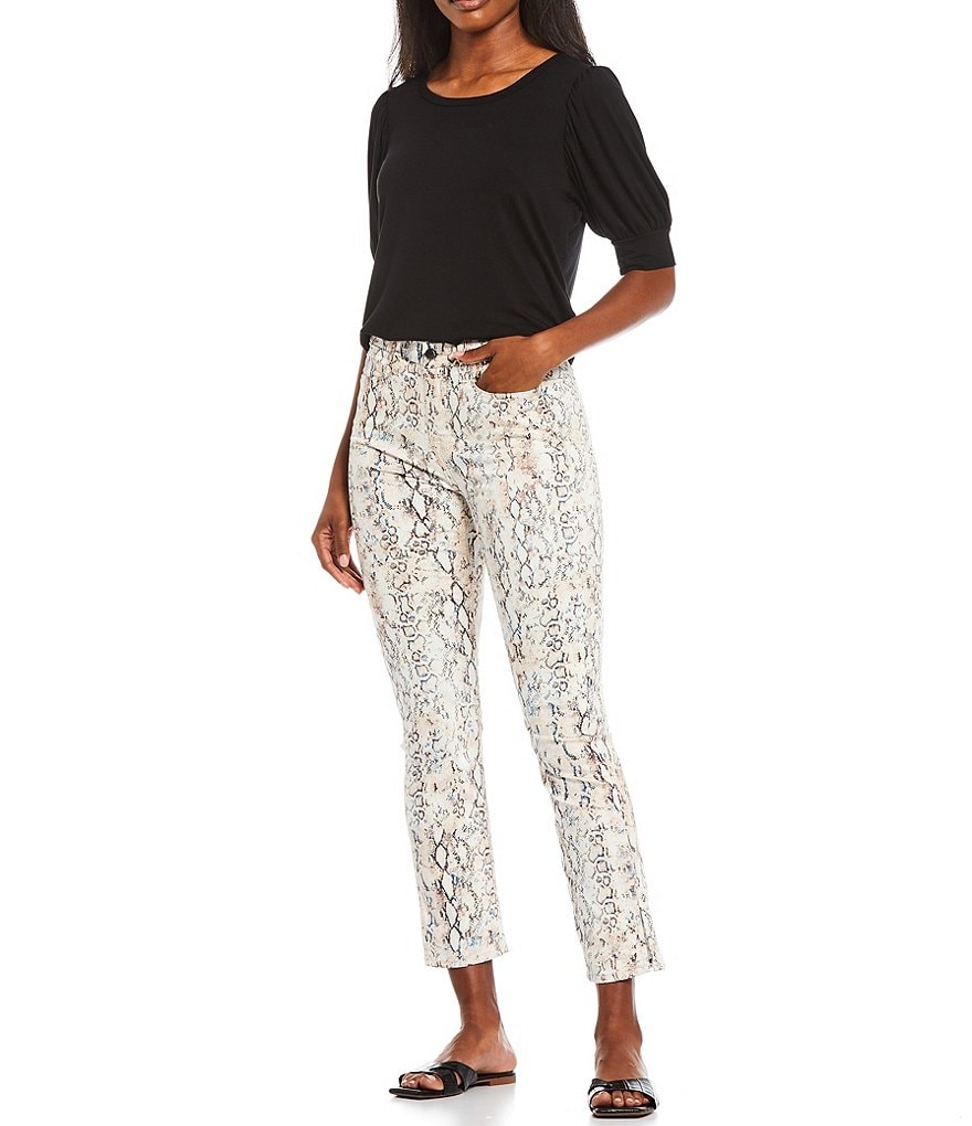 JEN7 by 7 for All Mankind Ombre Snakeskin Print Stretch Sateen Straight Leg Side Slit Hem Ankle Jeans