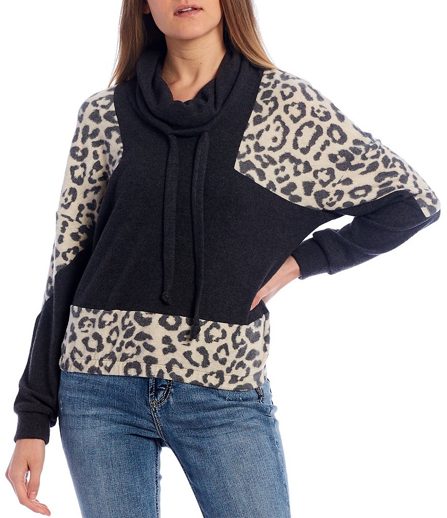 Moa Moa Cheetah Print Colorblock Sleeve Cowl Neck Pullover