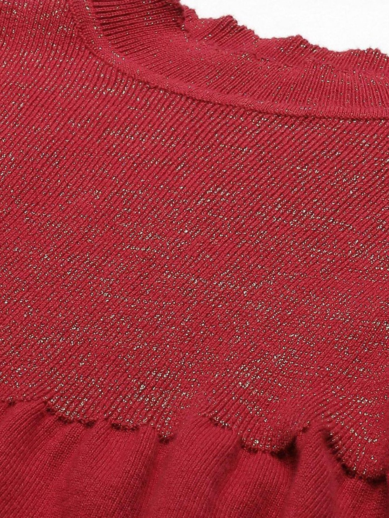 BIBA Girls Cherry Red Cotton Self Pattern Dress