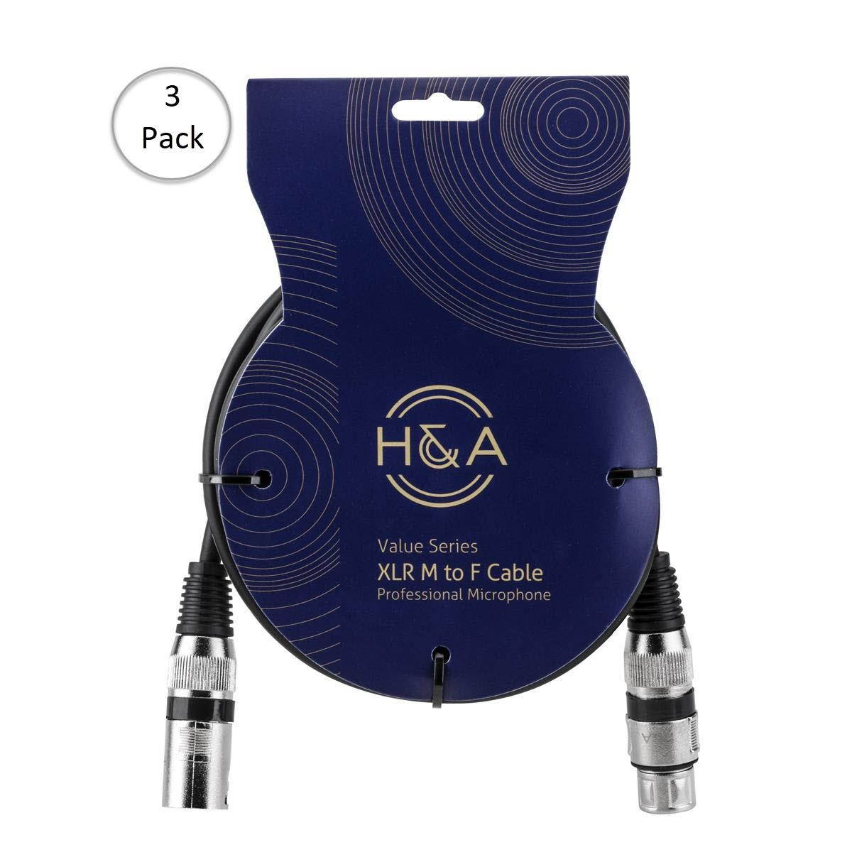 H&A Value Series, 3 Pack XLR M to F Professional Microphone Cable - 3' #VXMF3K2