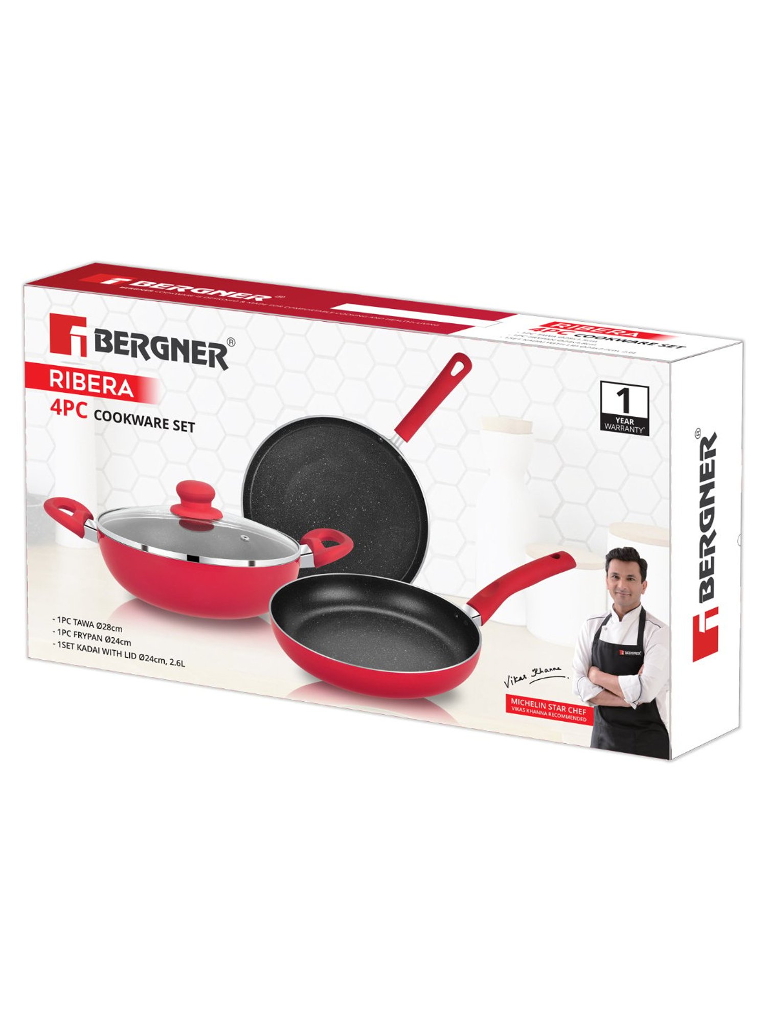 Bergner Ribera Red Non Stick Aluminium Induction Base Cookware Set of - 4 (2.6L)