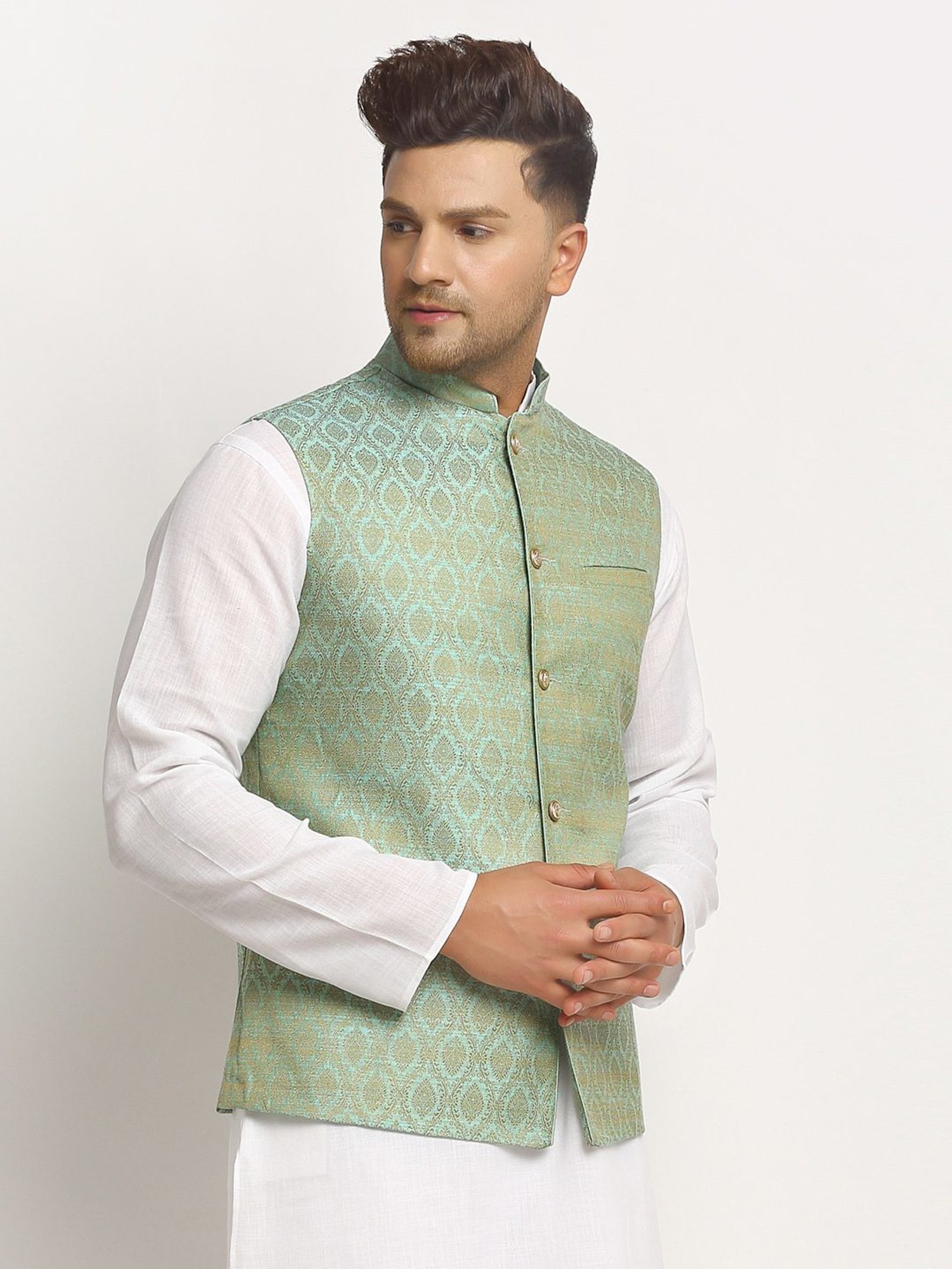 Treemoda Turquoise Green Regular Fit Self Pattern Nehru Jacket