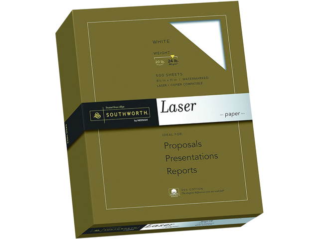 Southworth 31-724-10 25% Cotton Laser Paper, 95 Bright, 24 lb, 8.5 x 11, White, 500/Ream
