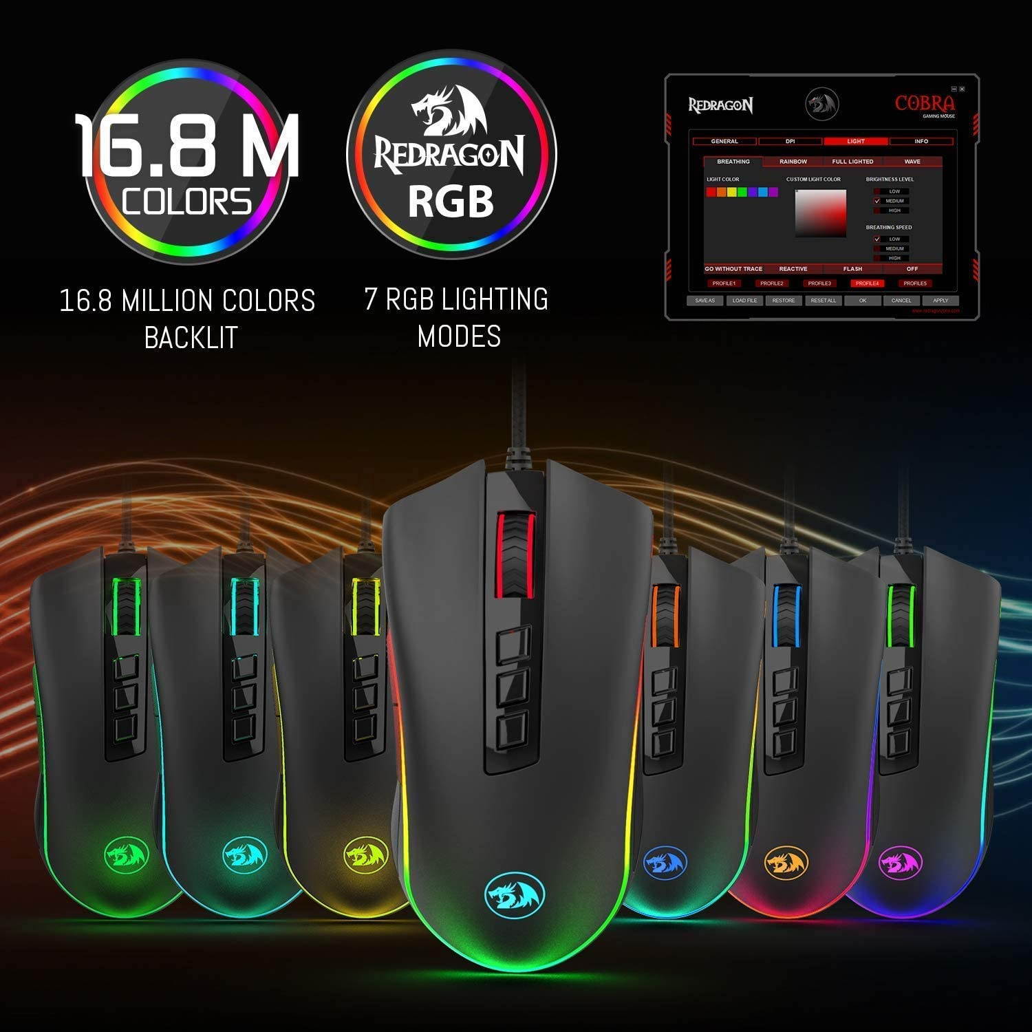 Cobra game mouse, 16.8 million RGB color backlight,10,000 DPI adjustable, comfortable grip,7 programmable buttons