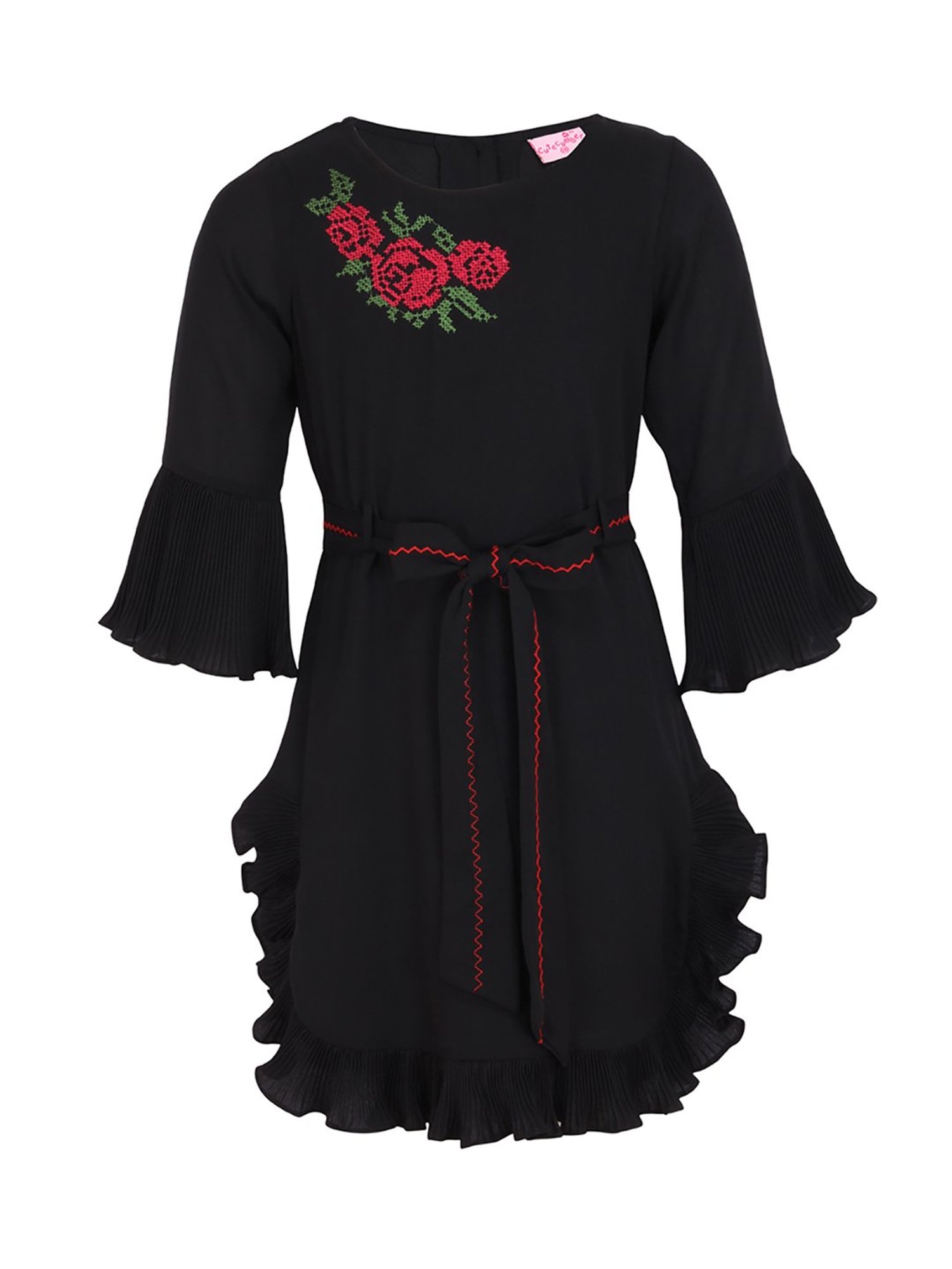 Cutecumber Kids Black Embroidred Dress With Ribbon Belt