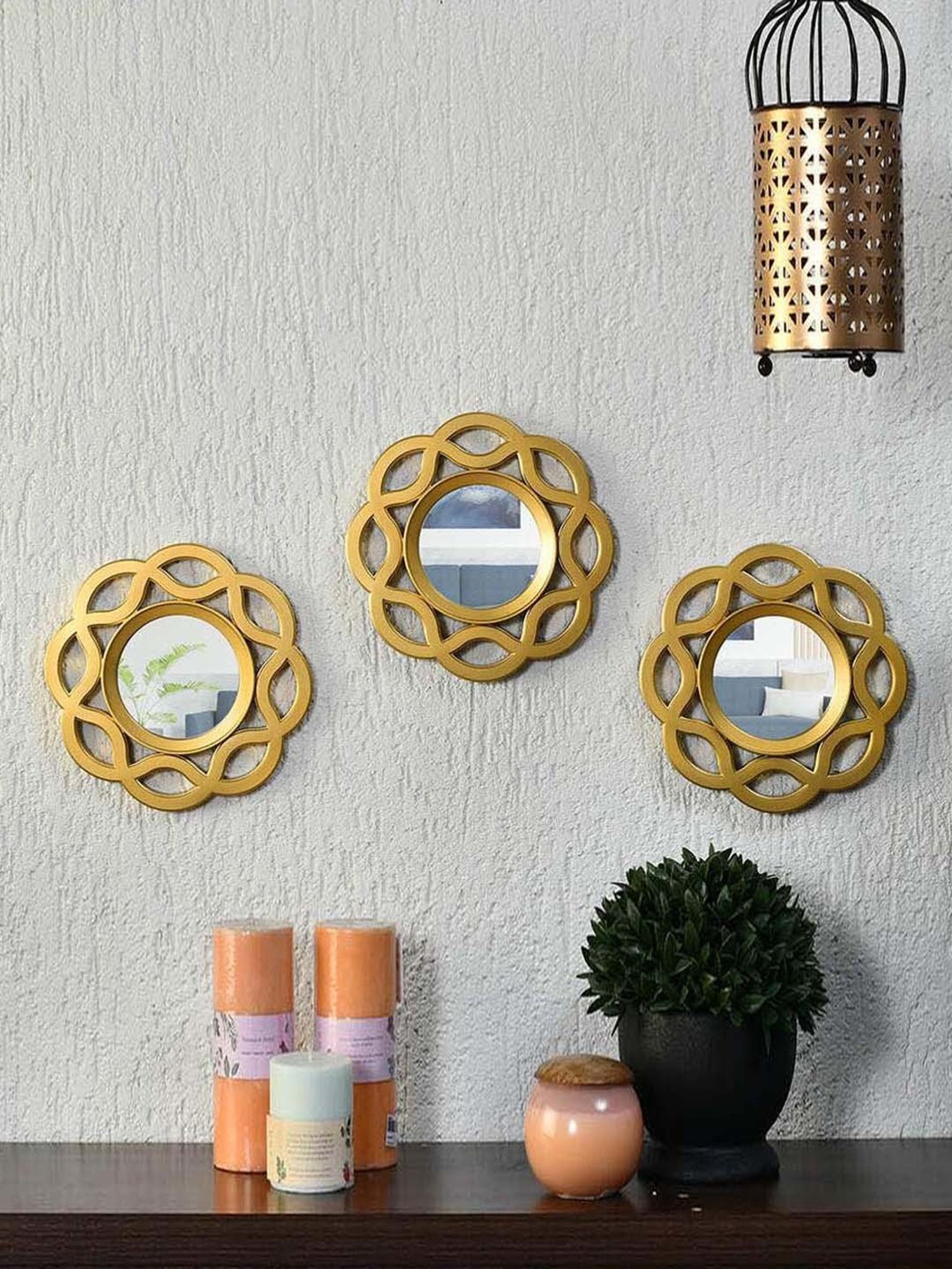 @home Gold Glass Floral Decorative Wall Mirrors - Set of 3