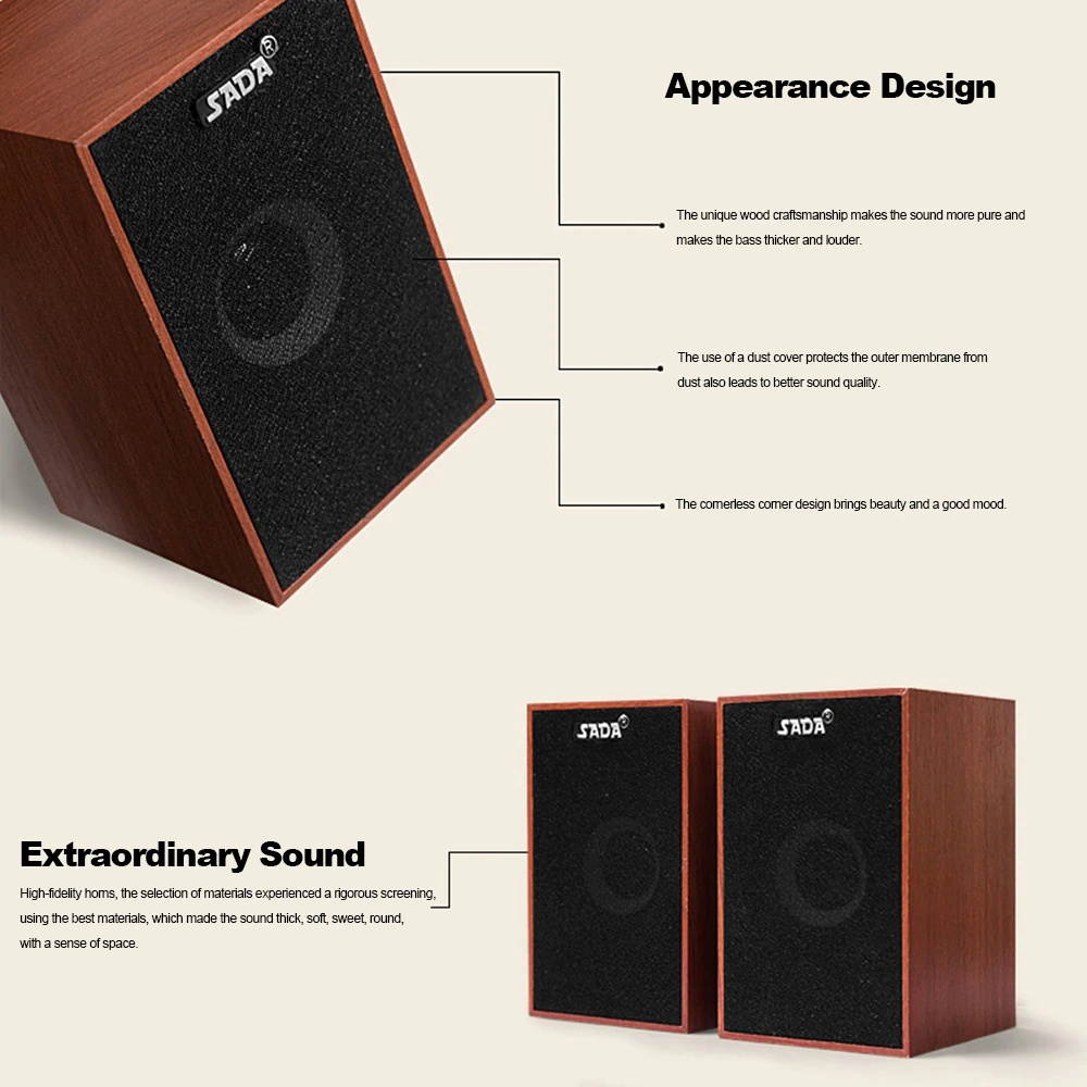 SADA V-160  Wired Speakers Computer Wood Subwoofer Speakers with 3.5mm Stereo for PC Desktop Laptop Notebook Music Player