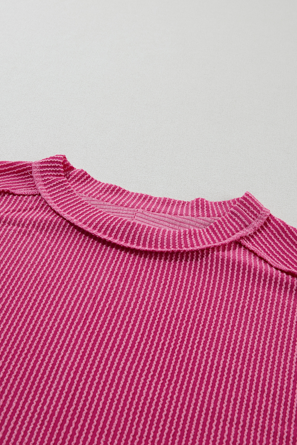 Rose Red Crinkle Rib Textured Knit Round Neck T Shirt