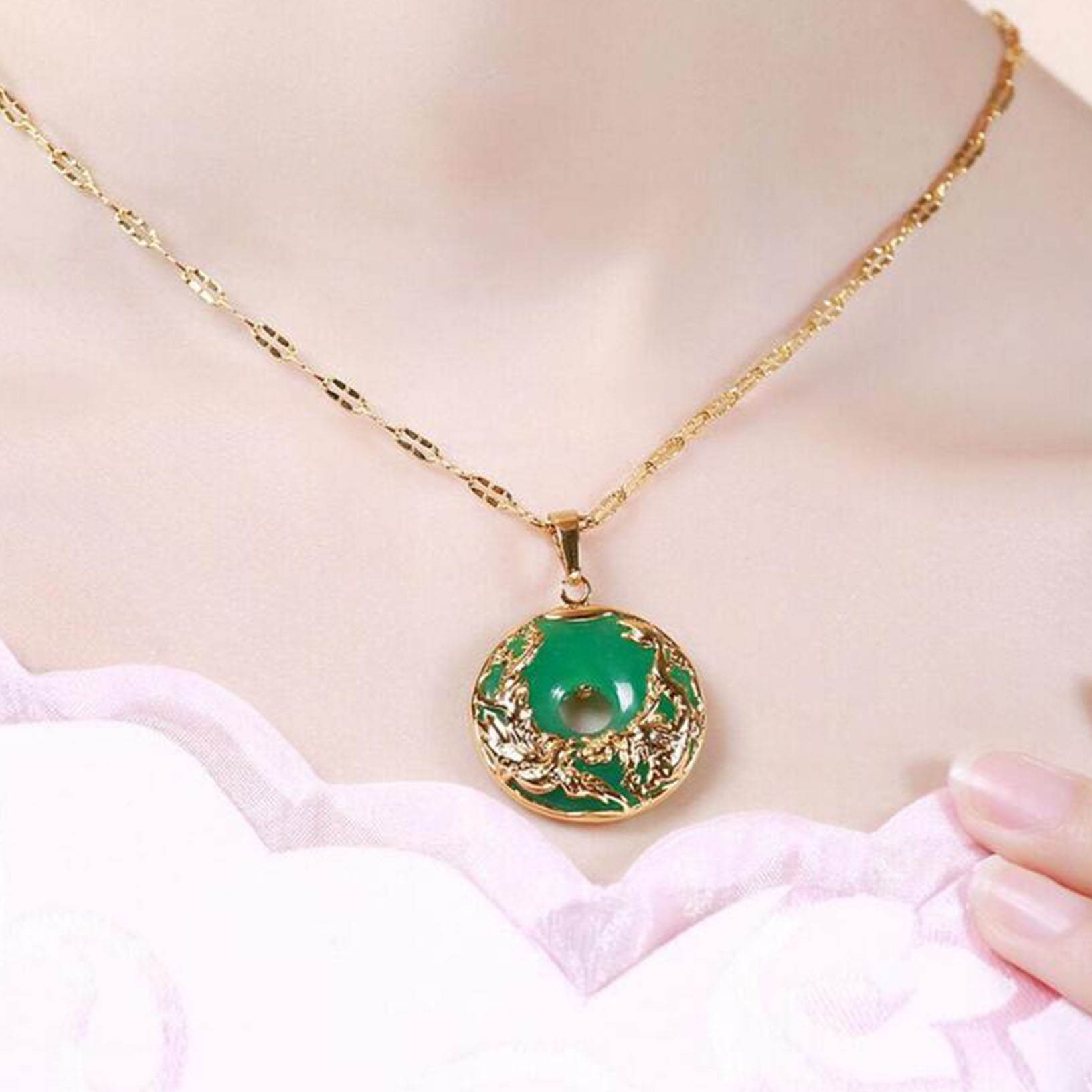 New Gold Plated Dragon Phoenix Pendant Malaysia Jade Jewelry Chain Necklace US