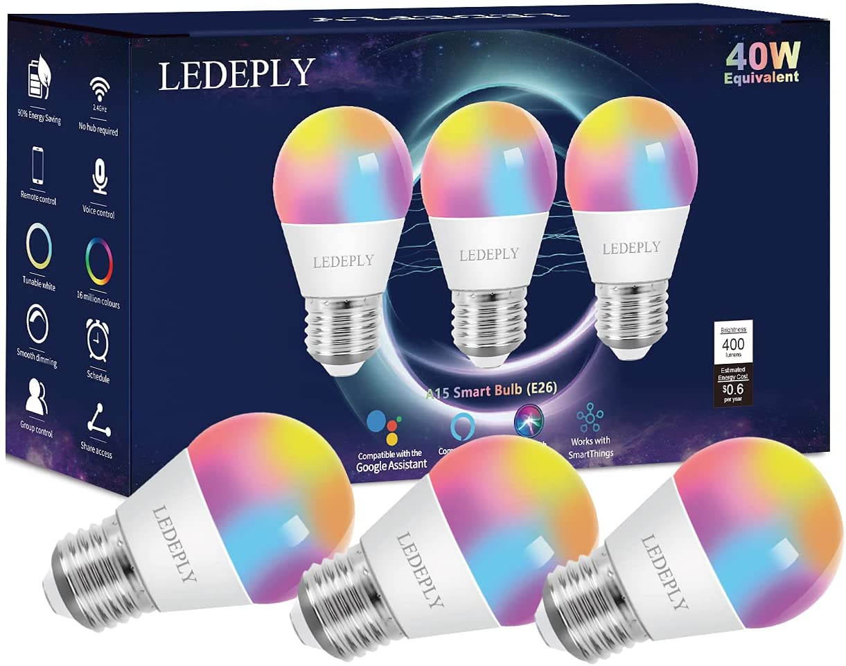 A15 LED Smart Bulb, Compatible with Alexa, Google Home, E26, 5W=40W, Color Changing, Dimmable WiFi Light Bulbs, No Hub Required, 3Pack